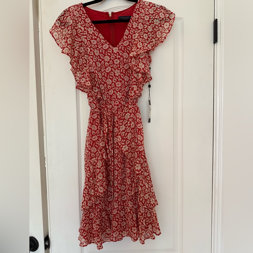 Tommy Hilfiger Red Floral V Neck Ruffle Flutter Sleeve MIDI Dress $129 NWT Sz 4